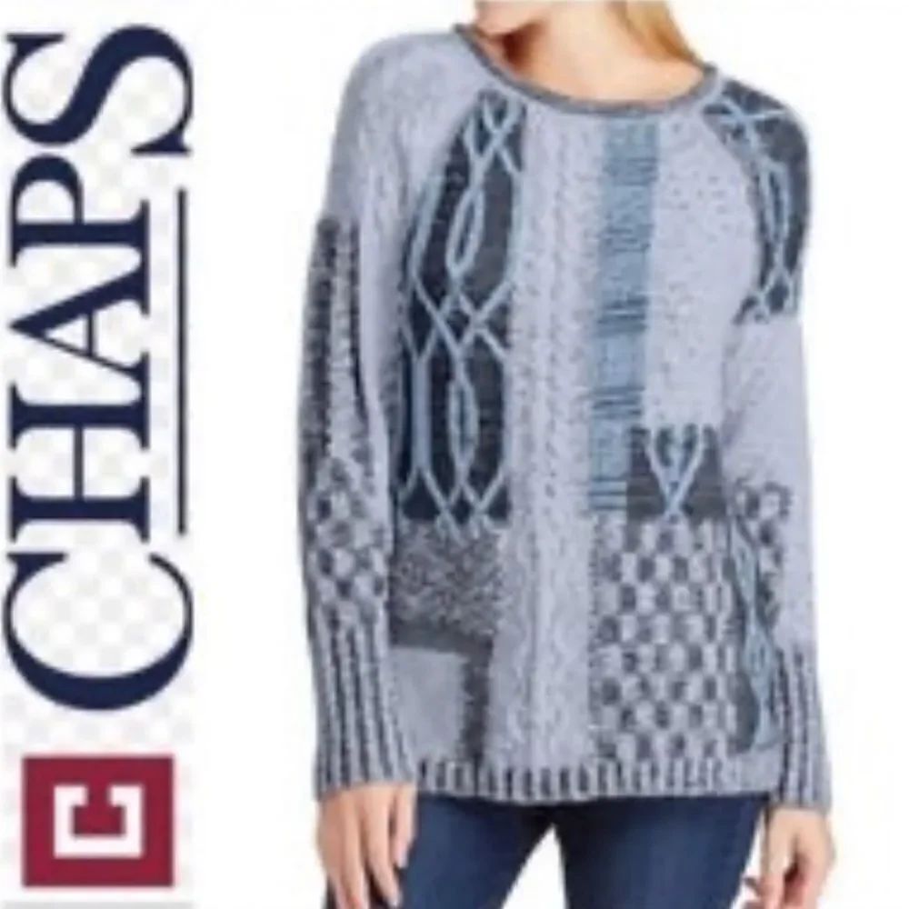 Chaps Sweater Womens Large Blue Patchwork Scoop Neck Side Slit Chunky Cable Knit